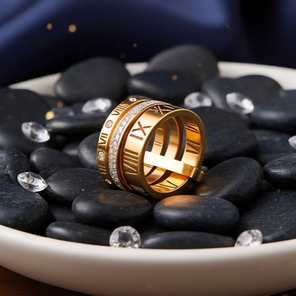 Modern Classic Roman Numeral Unisex Ring 18K Gold Plated Stainless Steel Sz 7 - Picture 13 of 15